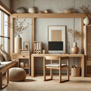  Imagen que muestra un despacho de estilo Zen, con un diseño minimalista, materiales naturales como madera, y decoración simple.