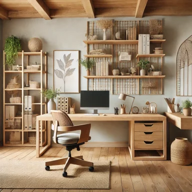 Oficina en casa con muebles de madera natural y decoración minimalista por Suárez Interiorismo.