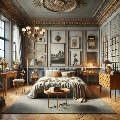 Imagen que muestra un dormitorio de estilo ecléctico clásico con toques modernos, con una mezcla de muebles vintage y decoración moderna. 