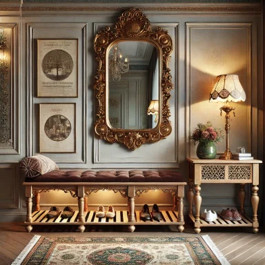 Entrada vintage con descalzador, espejo decorativo y detalles elegantes, seleccionado por Suárez & Co. Interiorismo