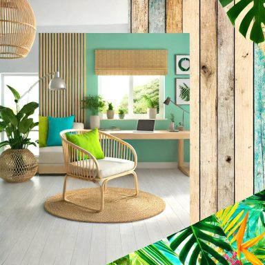 Imagen de una oficina en casa con diseño tropical, con madera natural, vegetación exuberante y colores vibrantes, elección de Suárez & Co. 