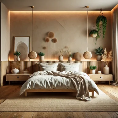 Dormitorio principal con cama de madera natural y decoración ecológica Suárez & Co. Interiorismo