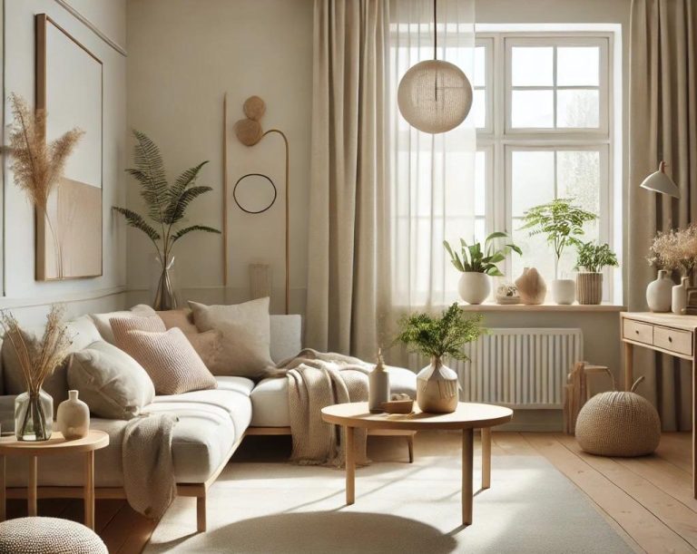 Imagen que muestra las características principales del diseño Escandinavo, con muebles minimalistas, materiales naturales y un ambiente sereno.