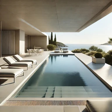 Terraza con diseño minimalista, piscina moderna y vista al mar. Suárez & Co. Interiorismo