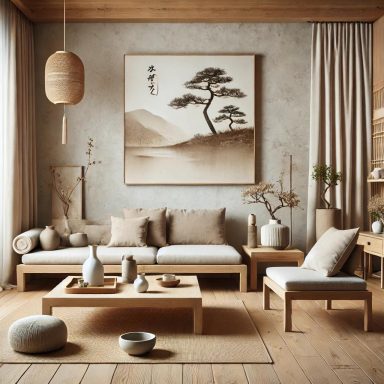 Imagen que muestra un salón de estilo Zen, con asientos bajos, una mesa de café de madera, y decoración natural. 