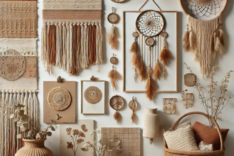 Un moodboard que muestra detalles decorativos en estilo boho, incluyendo colgantes de macramé, cestas tejidas, atrapasueños y cerámica en tonos cálidos y terrosos, creando una estética acogedora y natural. 