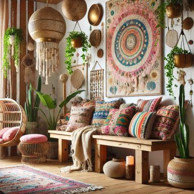 Imagen que muestra un espacio exterior de estilo Boho, con una mezcla ecléctica de patrones, colores y texturas, utilizando materiales