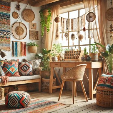 Imagen que muestra un despacho de estilo Boho, con una mezcla ecléctica de patrones, colores y texturas, utilizando materiales naturales com