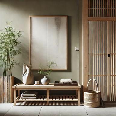 Entrada minimalista con banco de madera y plantas verdes en estilo Japandi.