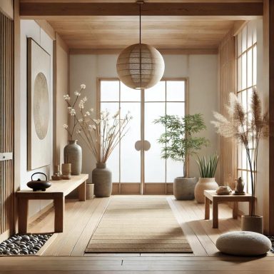 Imagen que muestra una entrada de estilo Zen, con un banco de madera, decoración natural y colores neutros. 