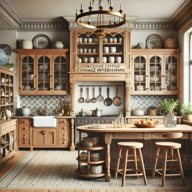 Cocina vintage con isla de madera y detalles decorativos clásicos, seleccionada por Suárez & Co. Interiorismo