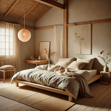 Dormitorio de matrimonio con cama de madera baja y decoración minimalista en estilo Japandi.