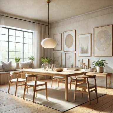 Comedor luminoso de estilo escandinavo con muebles de madera clara y decoración minimalista