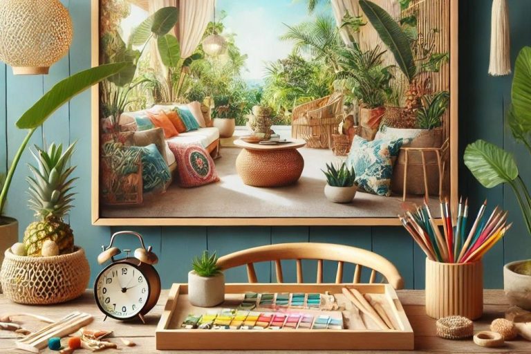 Imagen que representa las ventajas del estilo Tropical, con un ambiente fresco, acogedor y natural creado por elementos como colores vibrantes, materiales naturales como madera y bambú, y vegetación exuberante, diseñado por Suárez & Co. Interiorismo.