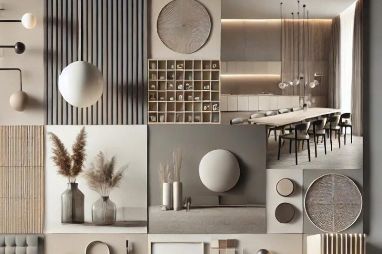 Moodboard de decoración contemporánea con esculturas, arte moderno y plantas decorativas en un estilo elegante y orgánico