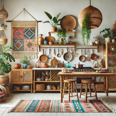 Imagen que muestra una cocina de estilo Boho, con una mezcla ecléctica de patrones, colores y texturas, utilizando materiales naturales como