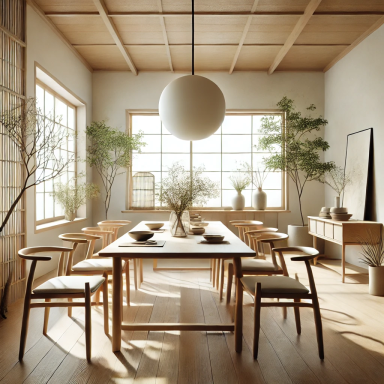 Comedor minimalista con mesa de madera y sillas a juego en estilo Japandi