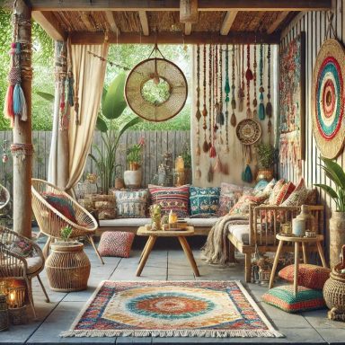 Imagen que muestra un espacio exterior de estilo Boho, con una mezcla ecléctica de patrones, colores y texturas, utilizando materiales natur