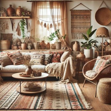 Diseño de interior bohemio con una mezcla ecléctica de colores, patrones, y texturas, creando un ambiente relajado y artístico.