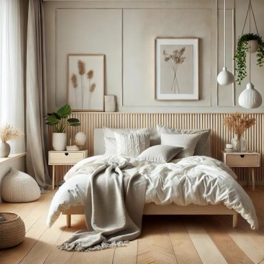 Dormitorio de estilo escandinavo con muebles minimalistas, acentos de madera natural y una paleta de colores suaves y neutros, by Suarez 