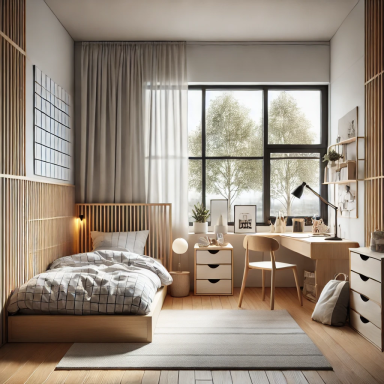 Habitación para adolescentes con cama de madera minimalista y escritorio funcional en estilo Japandi.