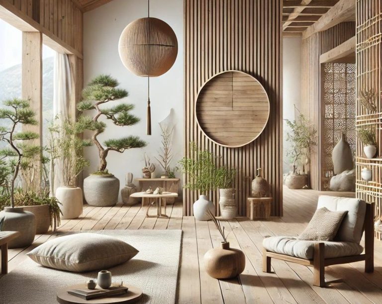 Imagen que muestra las características principales del diseño Zen, con muebles minimalistas, materiales naturales y un ambiente sereno.