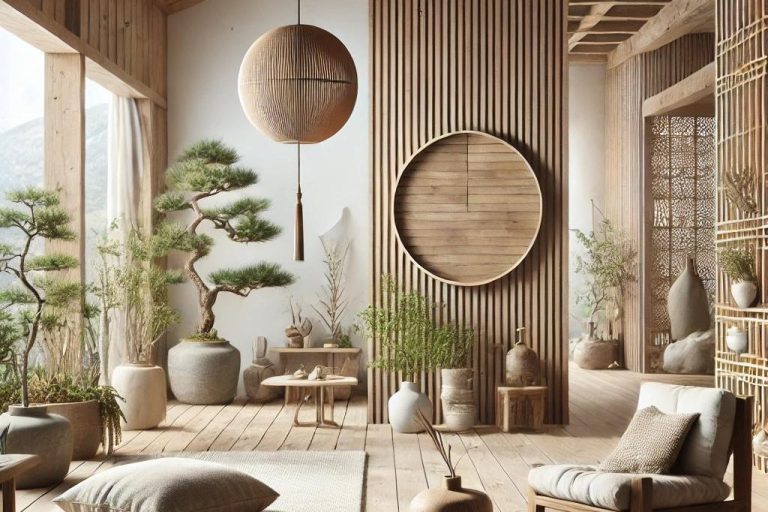 Imagen que muestra las características principales del diseño Zen, con muebles minimalistas, materiales naturales y un ambiente sereno.