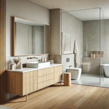 Moderno baño de estilo escandinavo con acabados en madera clara y detalles minimalistas