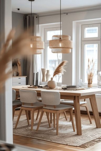 Comedor nórdico moderno con mesa de madera, sillas tapizadas y lámparas colgantes de mimbre.