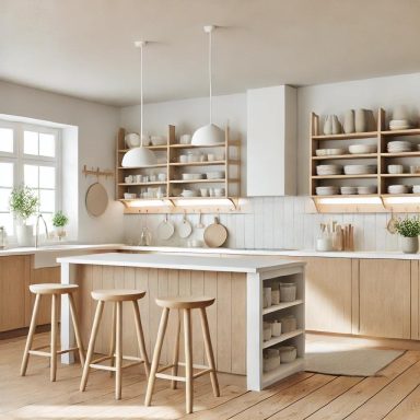 Cocina de estilo escandinavo con líneas limpias, gabinetes de madera natural y una paleta de colores neutros, diseñada por Suarez & Co. Inte