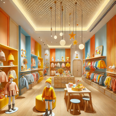 Tienda de ropa para niños con colores vibrantes, diseño lúdico y decoración navideña que crea un ambiente acogedor y divertido.