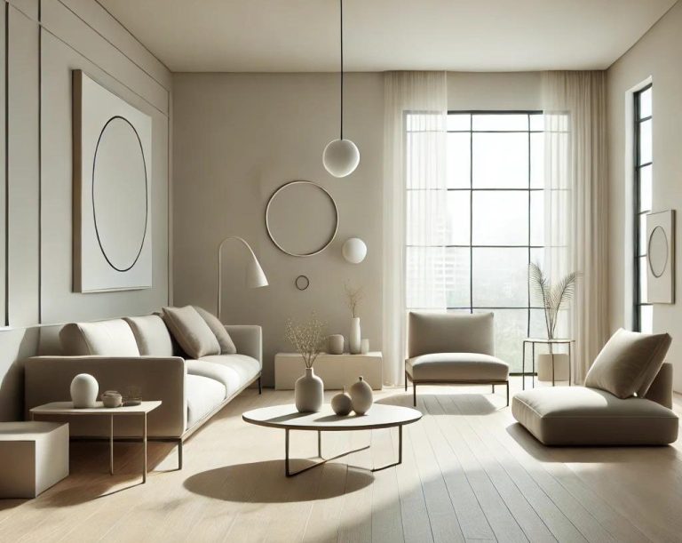 Imagen que muestra las características principales del diseño Zen, con muebles minimalistas, materiales naturales y un ambiente sereno.