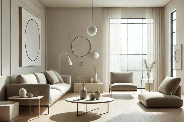 Una sala de estar diseñada en estilo minimalista, con mobiliario simple y moderno en tonos blancos y beige, acentuada por la luz natural que entra a través de grandes ventanas. Suarez & Co. Interiorismo