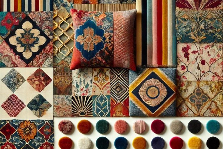 Un moodboard que presenta una mezcla de textiles eclécticos con patrones variados como flores, geométricos y rayas, utilizando materiales como terciopelo, seda y lino. Diseño por Suárez & Co. Interiorismo.