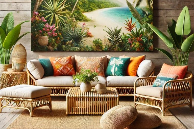 Imagen que muestra el mobiliario utilizado en el estilo Tropical, con muebles de bambú, ratán y madera natural, diseñado por Suárez & Co. Interiorismo. 