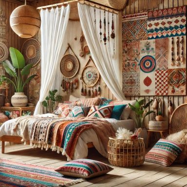 Imagen que muestra un dormitorio de estilo Boho, con una cama con dosel, alfombras coloridas y una variedad de cojines y mantas.