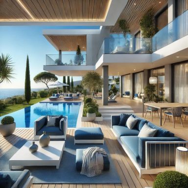 Terraza con piscina, muebles modernos y vistas al mar en estilo Mediterráneo.