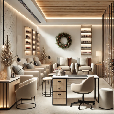 Salón de uñas moderno y minimalista con detalles navideños y diseño funcional, por Suárez & Co. Interiorismo.