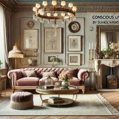 Salón vintage con sofá de terciopelo y mesa decorativa, seleccionado por Suárez & Co. Interiorismo