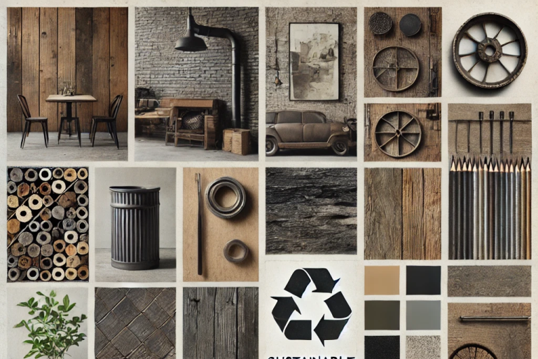 Moodboard que presenta muebles industriales funcionales y minimalistas, con estructuras de metal, madera reciclada y sofás de cuero.