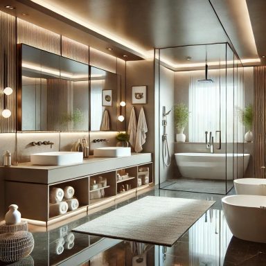 Baño principal contemporáneo con bañera exenta y tocador doble, diseñado con materiales sostenibles y de lujo por Suárez & Co. Interiorismo.