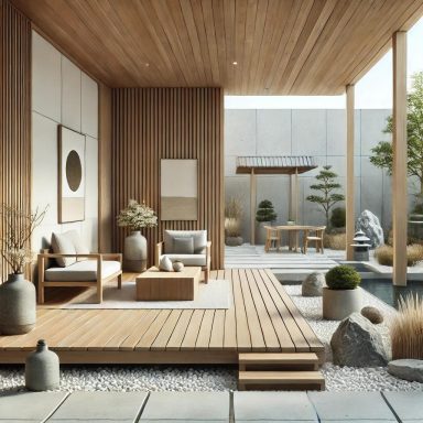 Imagen que muestra un espacio exterior de estilo Zen, con un diseño minimalista, materiales naturales como madera y piedra, y elementos deco