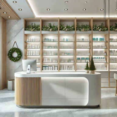 Farmacia minimalista y moderna con detalles de madera y decoración navideña, diseñada por Suárez & Co. Interiorismo.