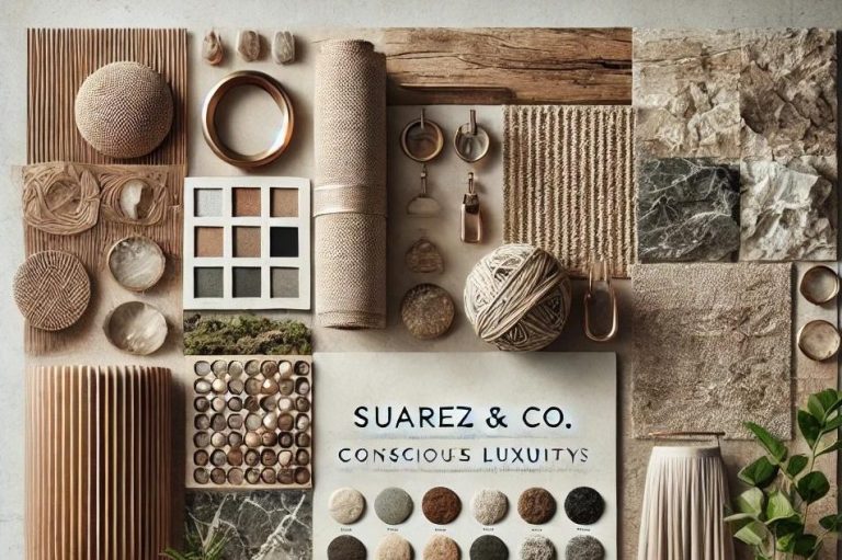 Materiales sostenibles en el estilo mediterráneo por Suárez & Co. Interiorismo, destacando el uso de piedra natural, azulejos de terracota, madera, cerámica y textiles orgánicos en una disposición armoniosa.