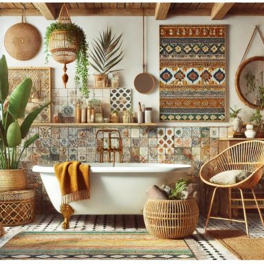  Imagen que muestra un baño de estilo Boho, con una mezcla ecléctica de patrones, colores y texturas, utilizando materiales naturales como m