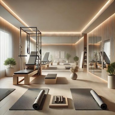 Gimnasio de estilo contemporáneo diseñado para Pilates y yoga. Equipado con materiales de alta calidad, ofrece un ambiente sereno y moderno,