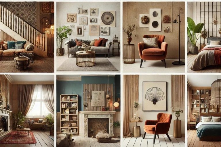 Un moodboard que muestra diferentes espacios interiores diseñados en un estilo ecléctico, incluyendo salones, dormitorios y rincones de lectura, con una mezcla de muebles vintage y modernos, texturas ricas y colores audaces. Diseño por Suárez & Co. Interiorismo.