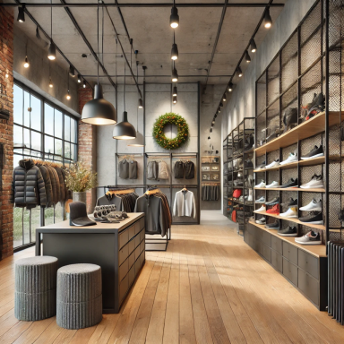 Tienda deportiva con diseño industrial, iluminación moderna y materiales rústicos por Suárez & Co. Interiorismo.