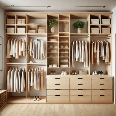 Vestidor con estanterías de madera natural y diseño funcional Suárez & Co. Interiorismo