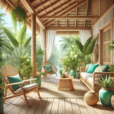 Imagen de un porche con diseño tropical, con madera natural, vegetación exuberante y muebles de bambú, elegido por Suárez & Co. Interiorismo